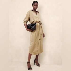 Banana Republic Tie Waist Maxi Long Sleeve Dress in Gold